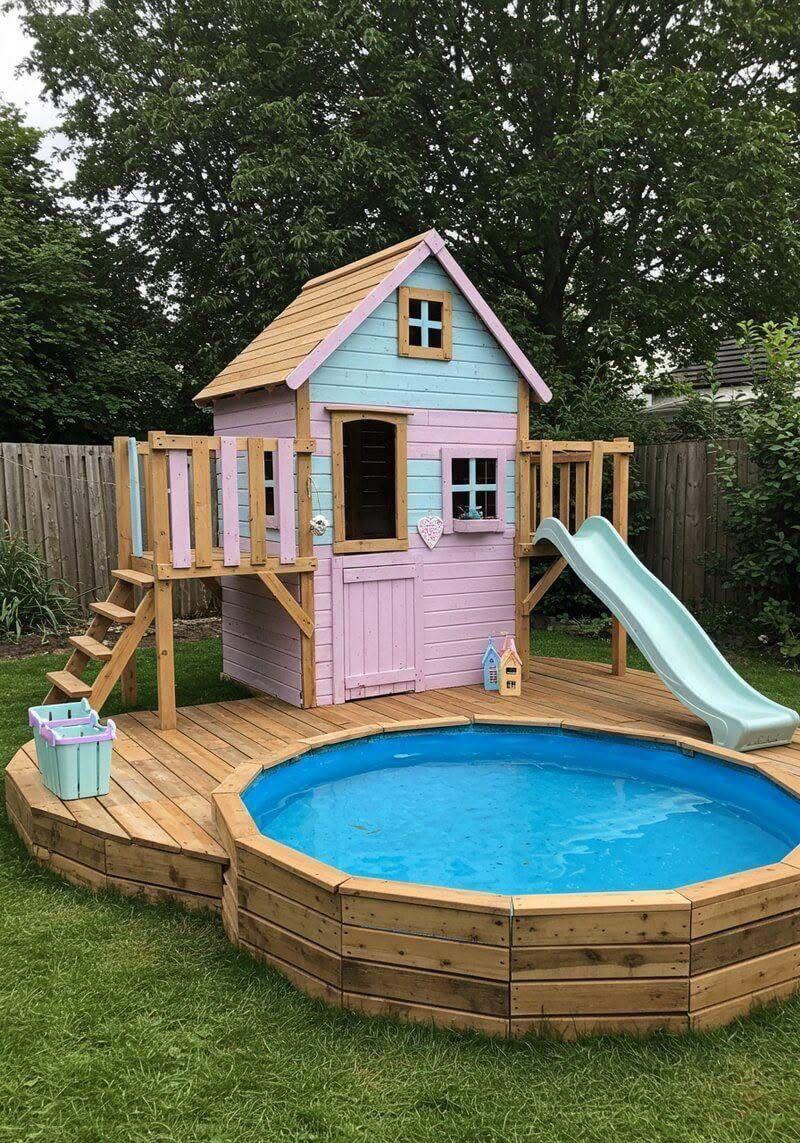 Kids playhouse with pool deck and slide