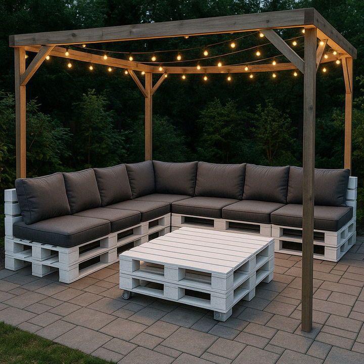 Modern pallet pergola lounge set with rolling coffee table