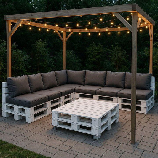 Modern pallet pergola lounge set with rolling coffee table
