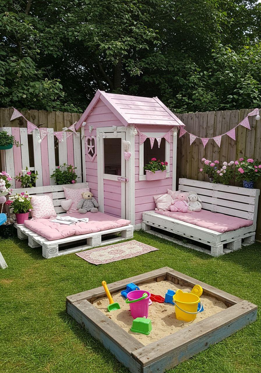 Pink kids playhouse with pallet lounge and sandpit set