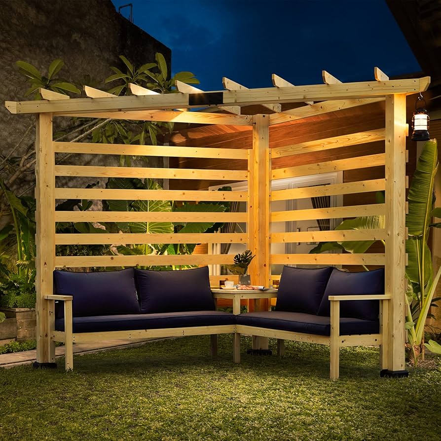 Outdoor Patio Corner Pergola with Cushions