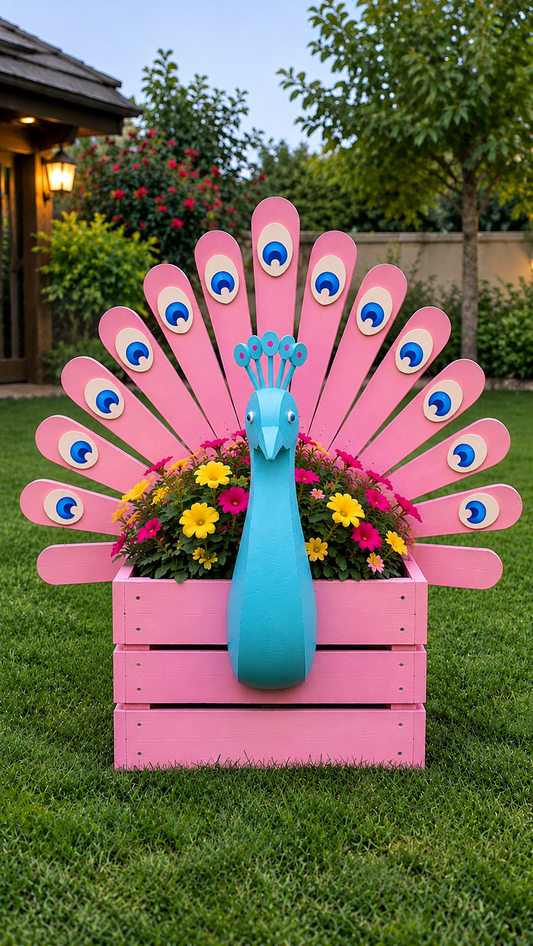 Wooden Peacock Garden Planter