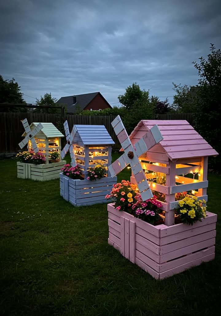 Wooden Windmill Garden Planter