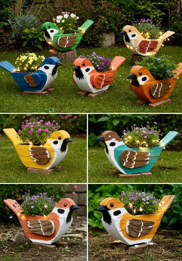 Wooden Sparrow Planter For Outdoor Garden