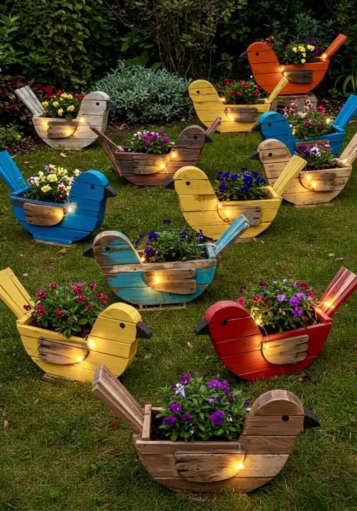 Wooden Sparrow Planter For Outdoor Garden