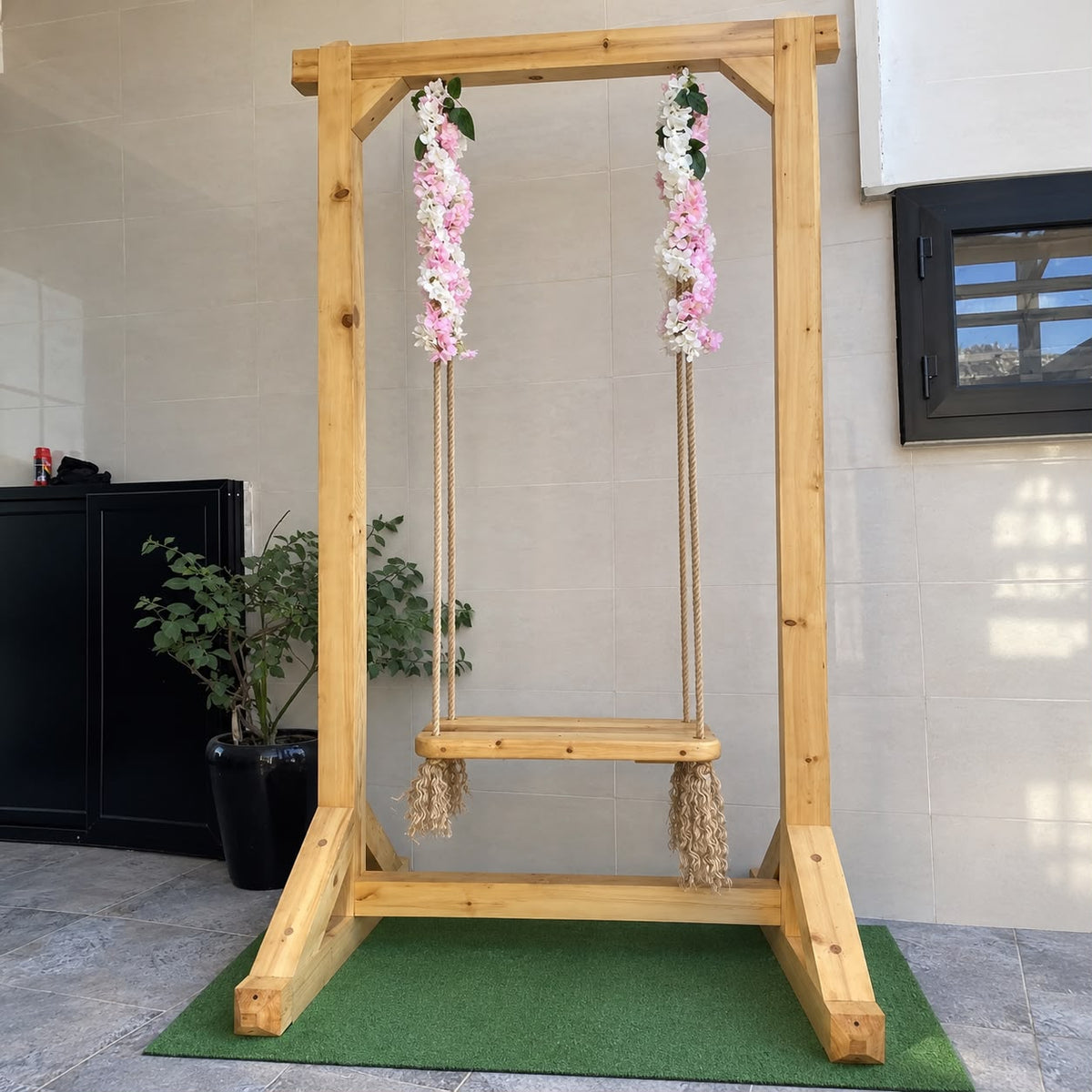 Modern Wooden Garden Swing with Natural Finish