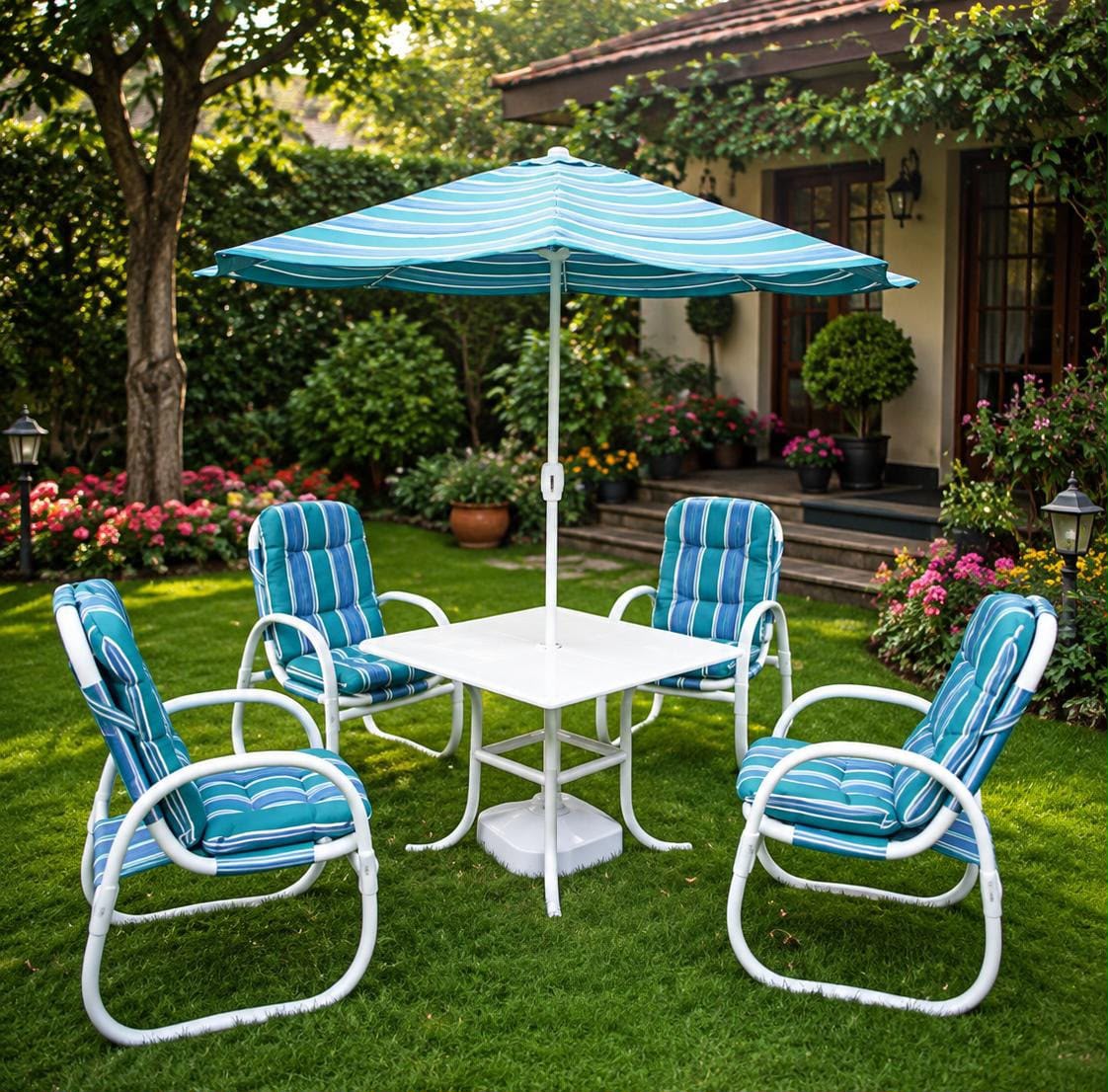 PVC Outdoor Dining Set with Teal Striped Umbrella, 4-Seater