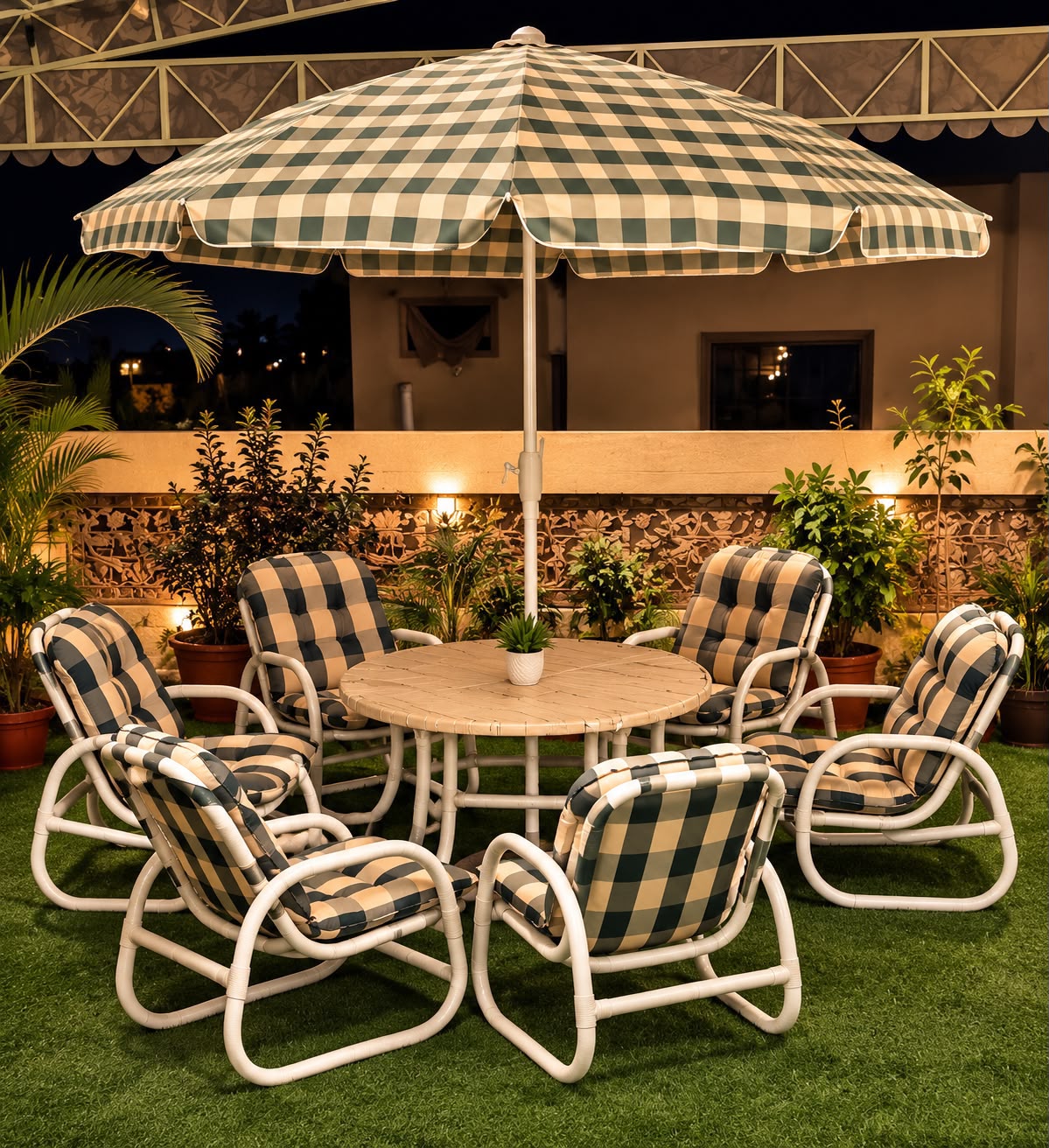 PVC Outdoor Dining Set with Check Umbrella, 6-Seater