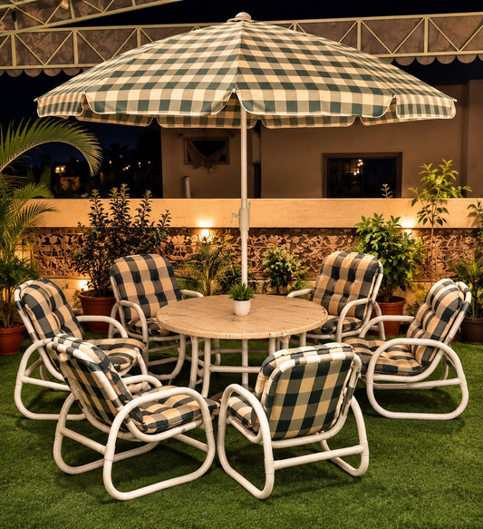 PVC Outdoor Dining Set with Check Umbrella, 6-Seater