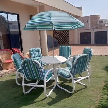 PVC Outdoor Dining Set with Teal Striped Umbrella, 6-Seater