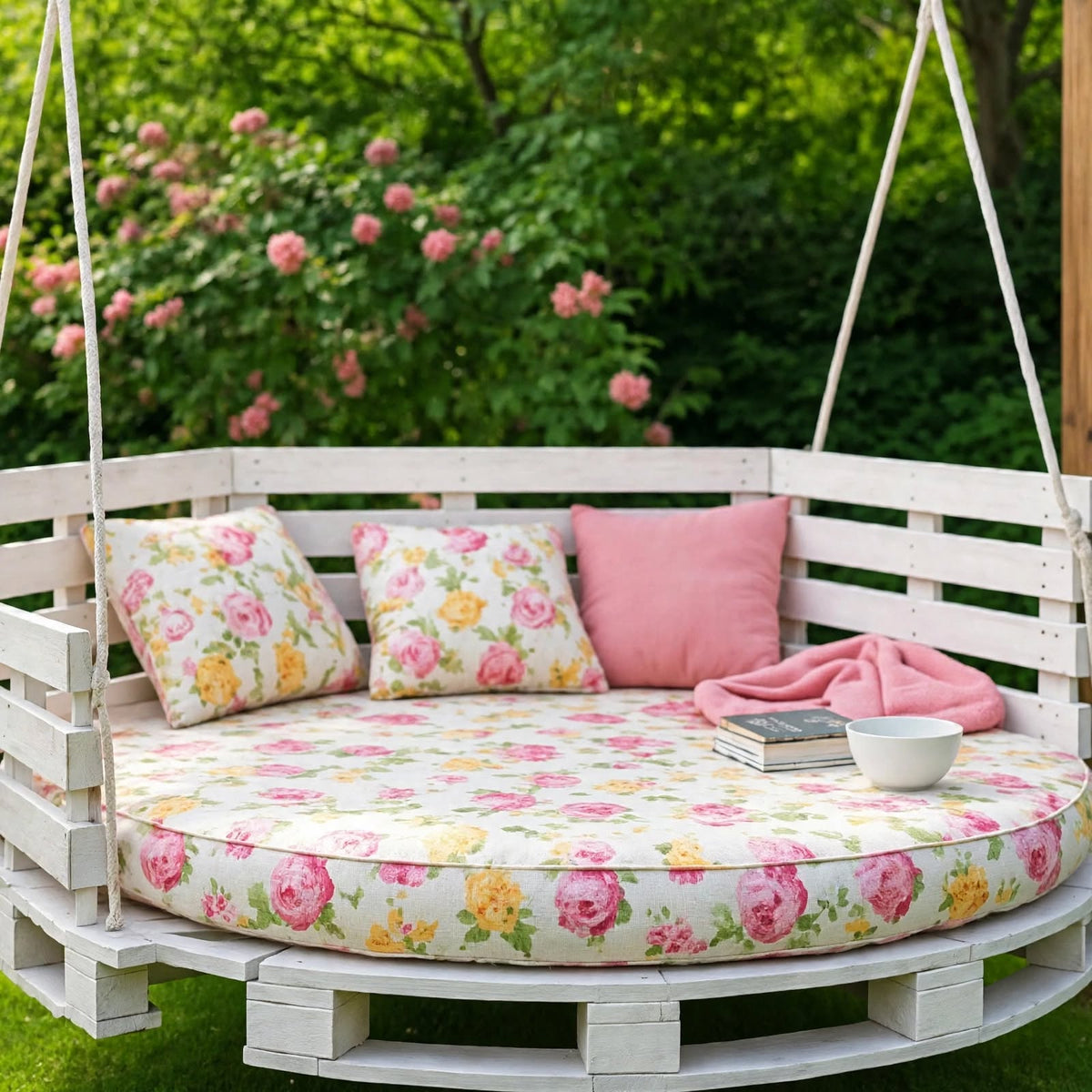 Round Hanging Pallet Swing Bed with Floral Cushion