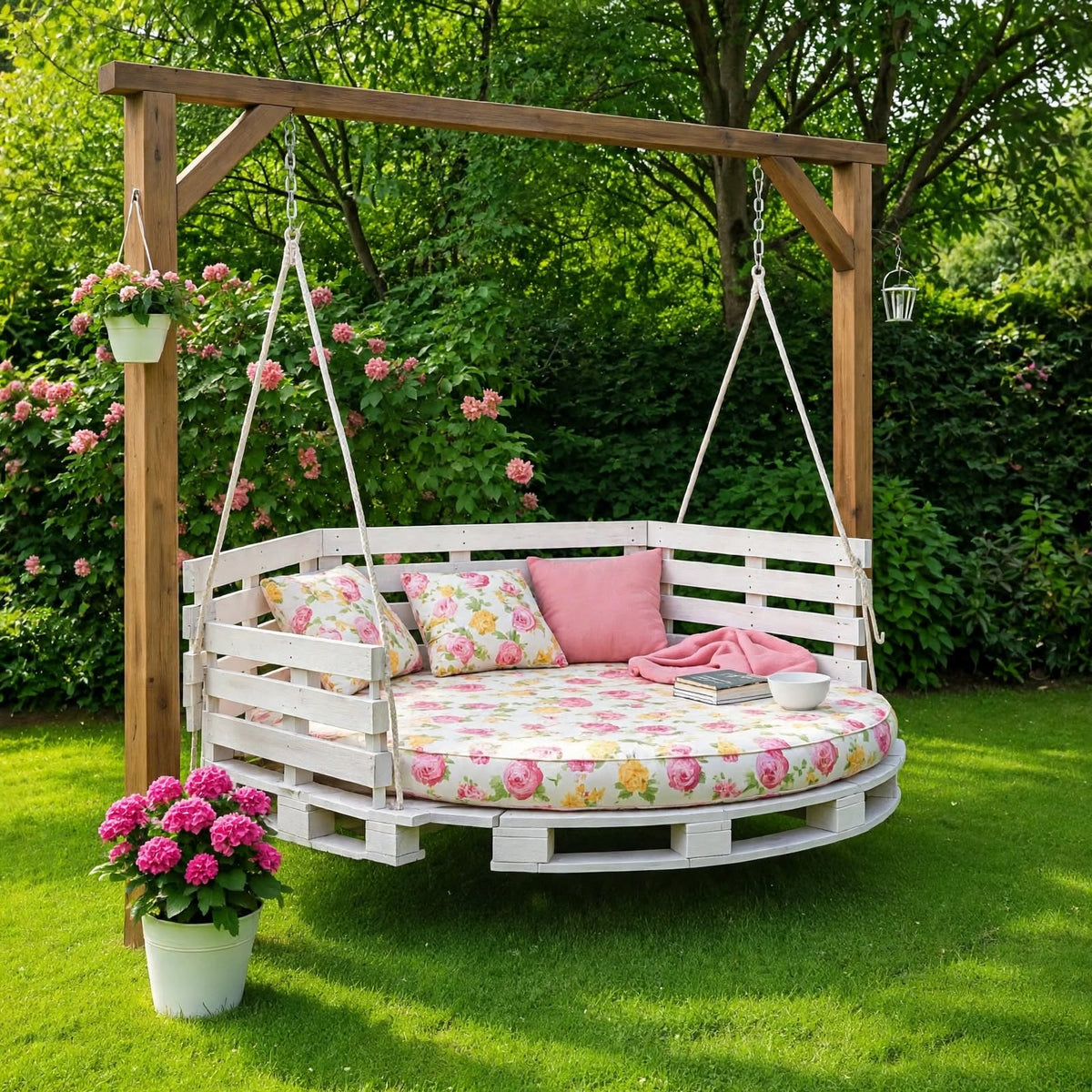 Round Hanging Pallet Swing Bed with Floral Cushion