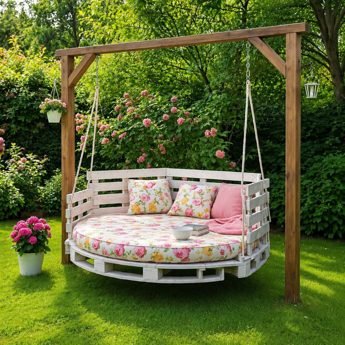 Round Hanging Pallet Swing Bed with Floral Cushion