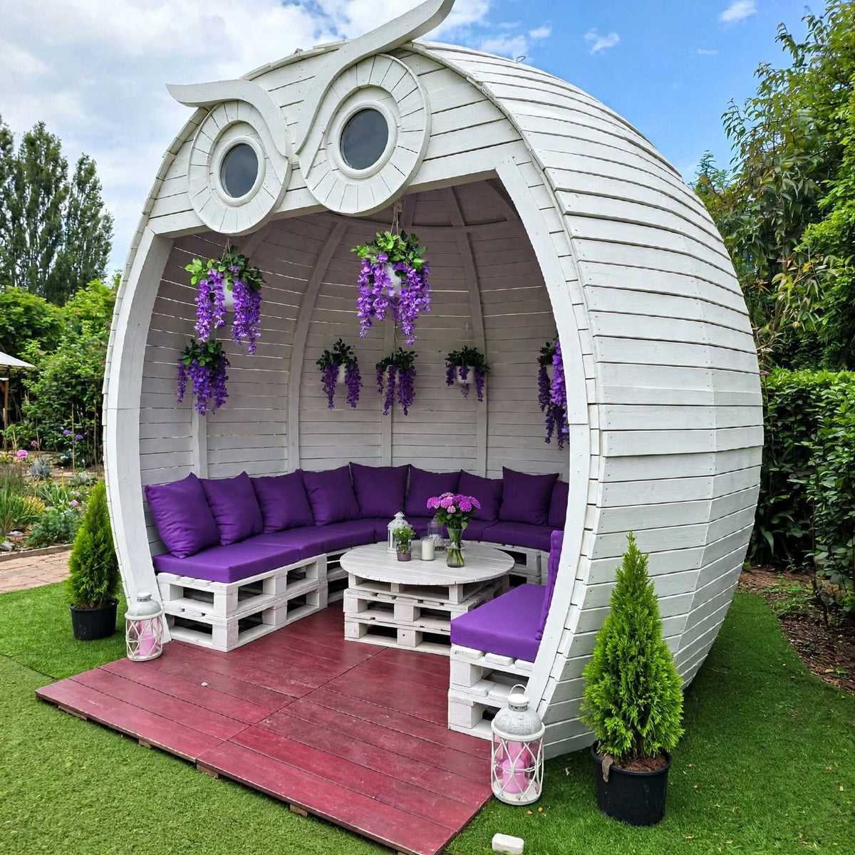 Owl Face Pallet Gazebo with Purple Cushions