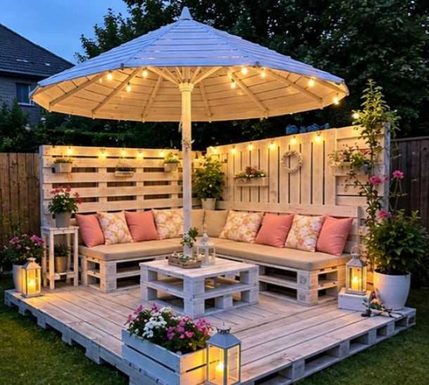 Pallet Lounge Set with Round Umbrella Canopy