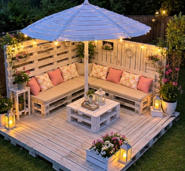 Pallet Lounge Set with Round Umbrella Canopy
