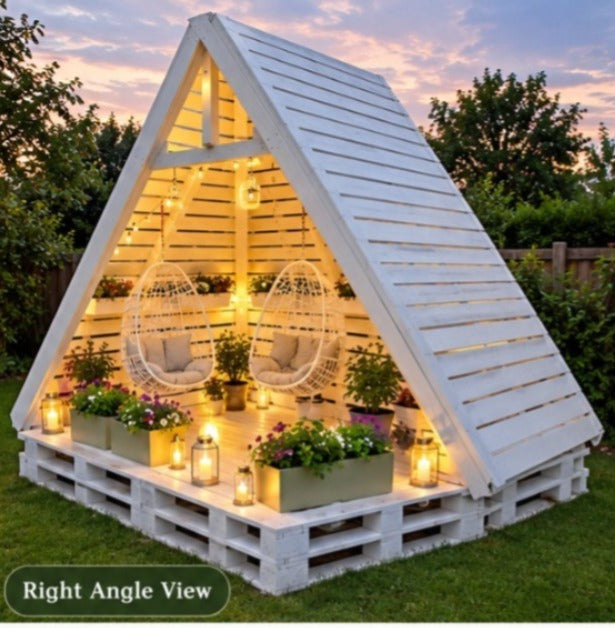 Grand A-Frame Pallet Cabana with Hanging Egg Chairs
