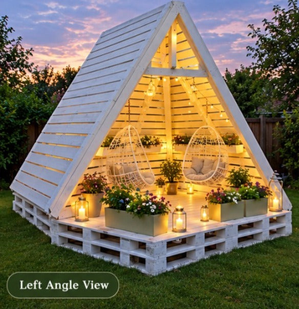 Grand A-Frame Pallet Cabana with Hanging Egg Chairs