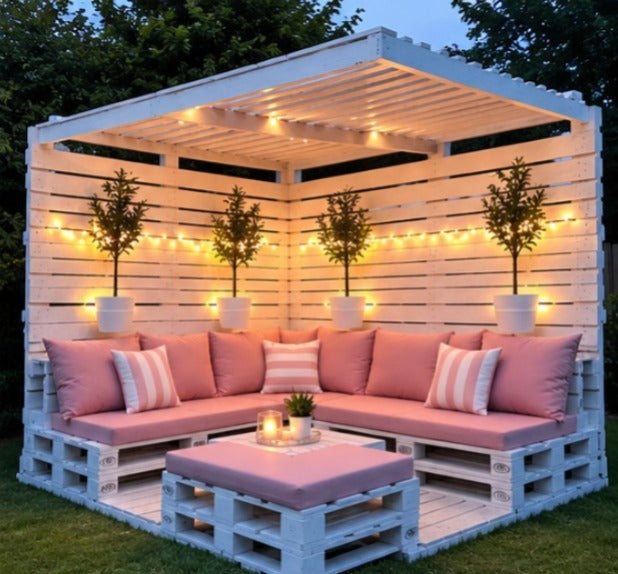 White Pallet Pergola Corner Lounge with Pink Cushions