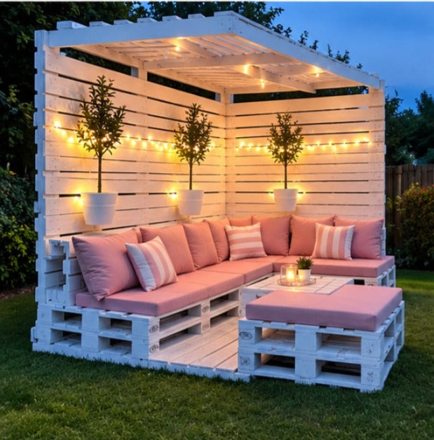 White Pallet Pergola Corner Lounge with Pink Cushions