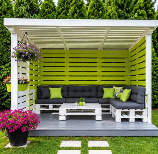 Modern Pallet Pergola Lounge with Lime Green Panels