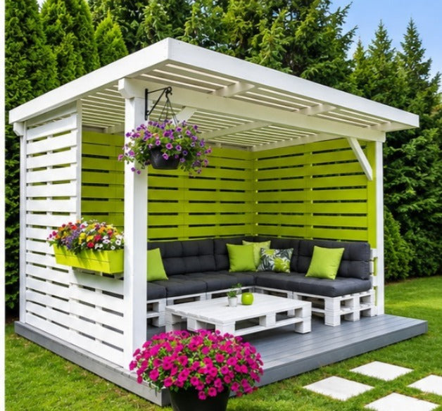 Modern Pallet Pergola Lounge with Lime Green Panels