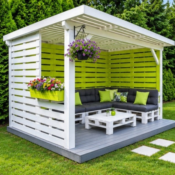 Modern Pallet Pergola Lounge with Lime Green Panels
