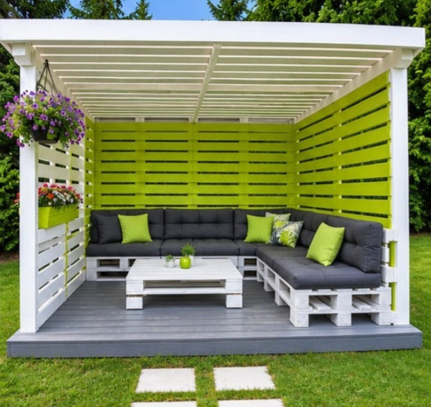 Modern Pallet Pergola Lounge with Lime Green Panels