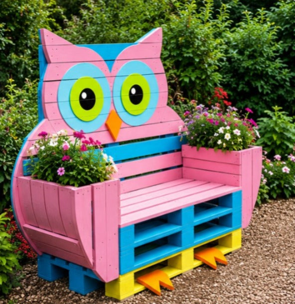 Pink Owl Pallet Bench with Flower Planters