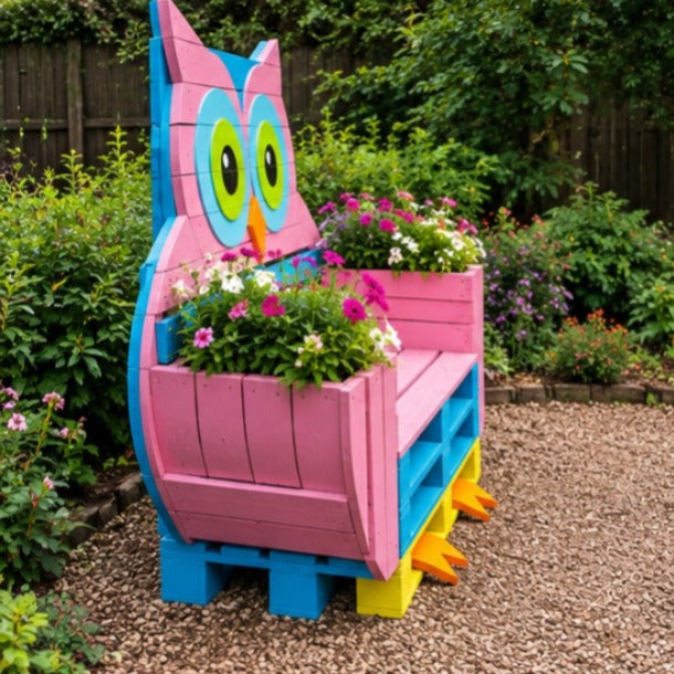 Pink Owl Pallet Bench with Flower Planters