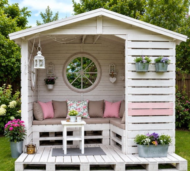 White Pallet Cabin Gazebo with Round Windows