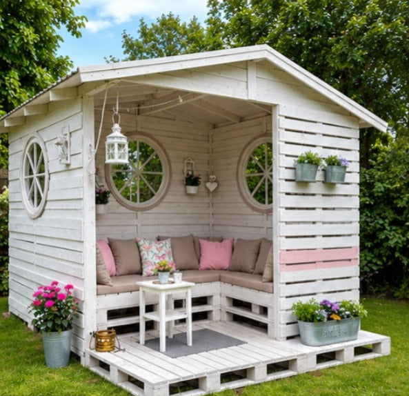 White Pallet Cabin Gazebo with Round Windows