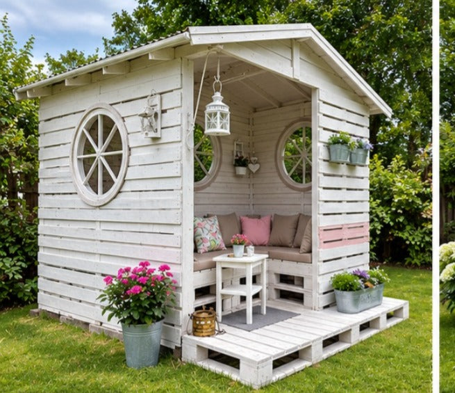 White Pallet Cabin Gazebo with Round Windows