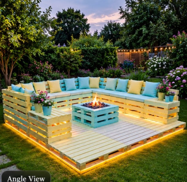 Raised Pallet Deck Lounge with Fire Pit and LED Glow
