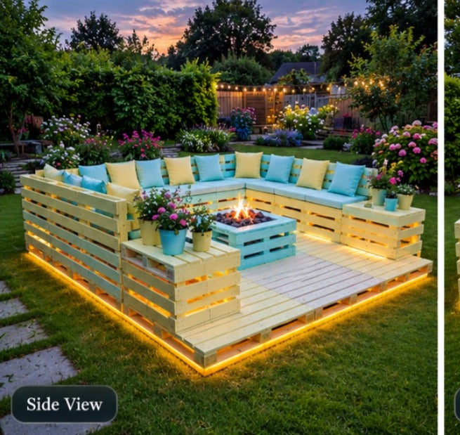 Raised Pallet Deck Lounge with Fire Pit and LED Glow