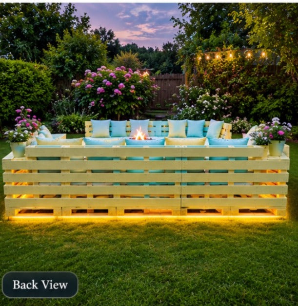 Raised Pallet Deck Lounge with Fire Pit and LED Glow