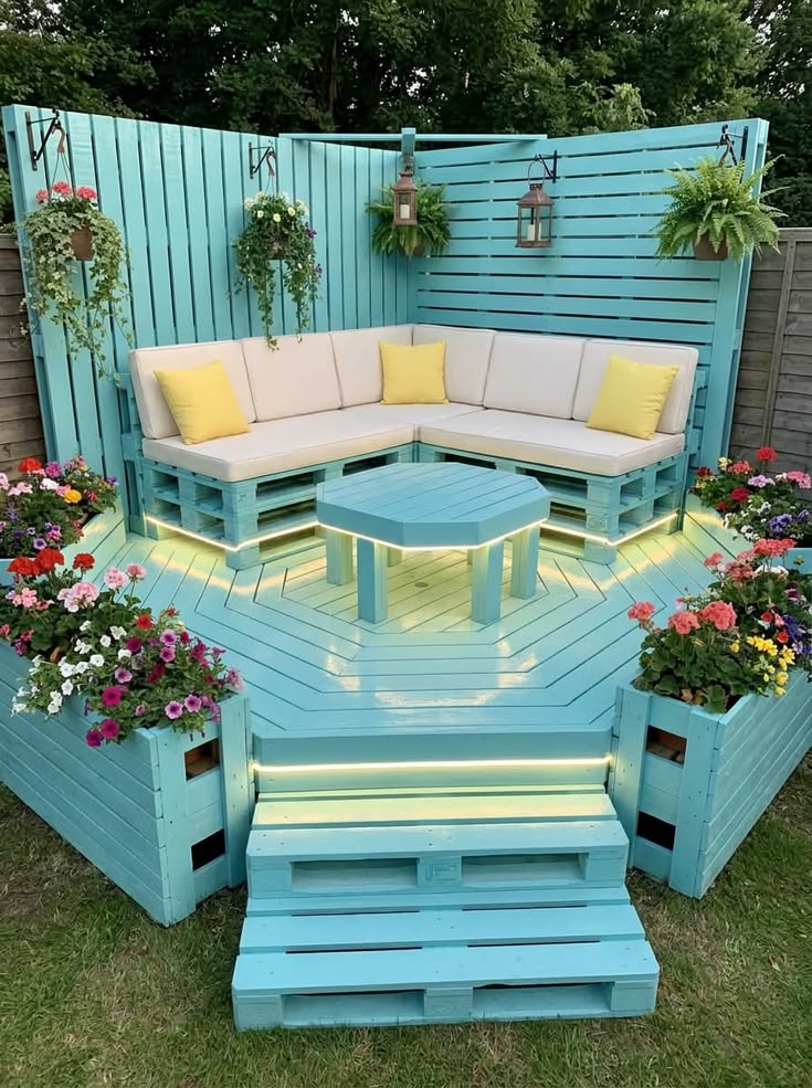 Turquoise Pallet Deck Lounge with Hexagon Table and LED Lights