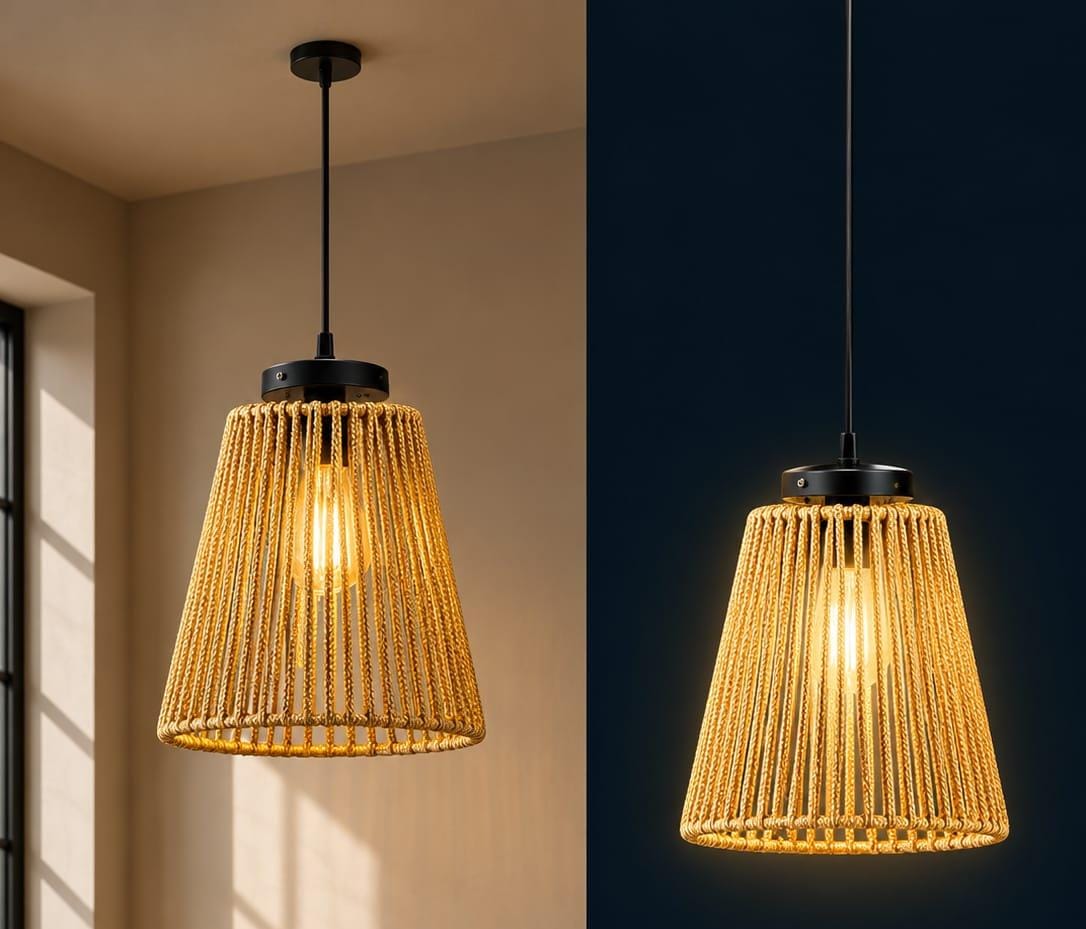Black Rattan Cone Pendant Lamp - Twin Set