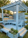 Blue Pallet Pergola Deck with Built-In Bench Seating and Planters