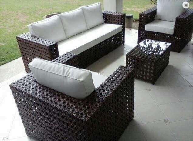 Woven Brown Rattan Sofa Set with White Cushions