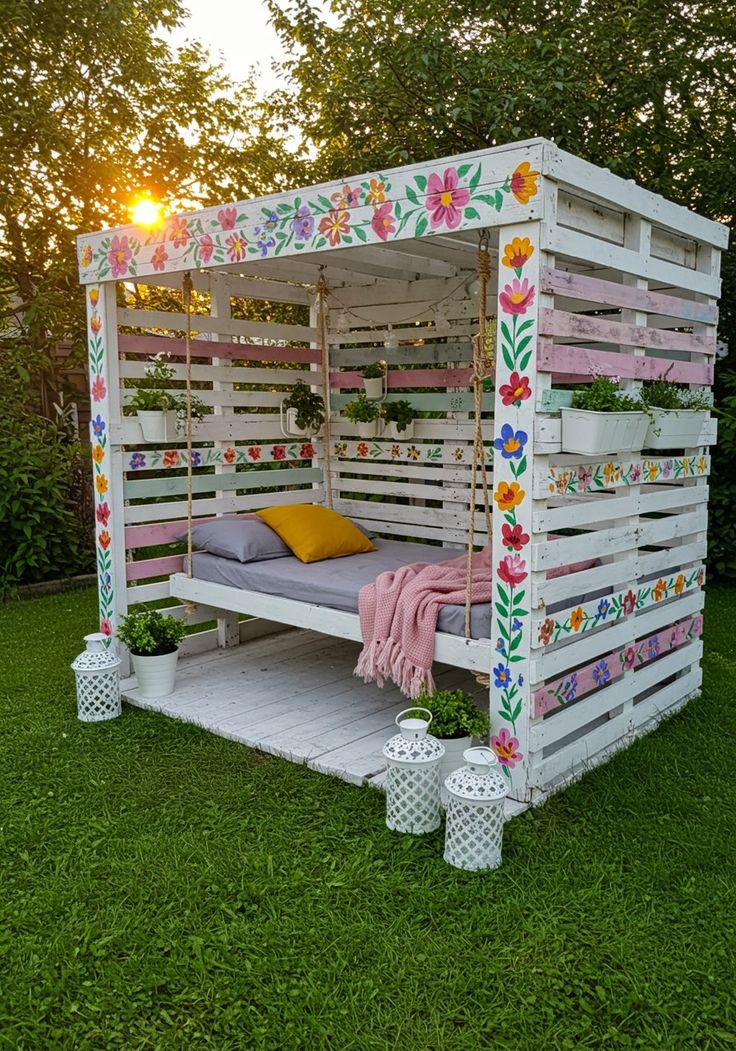 Hand-Painted Floral Pallet Daybed Shelter