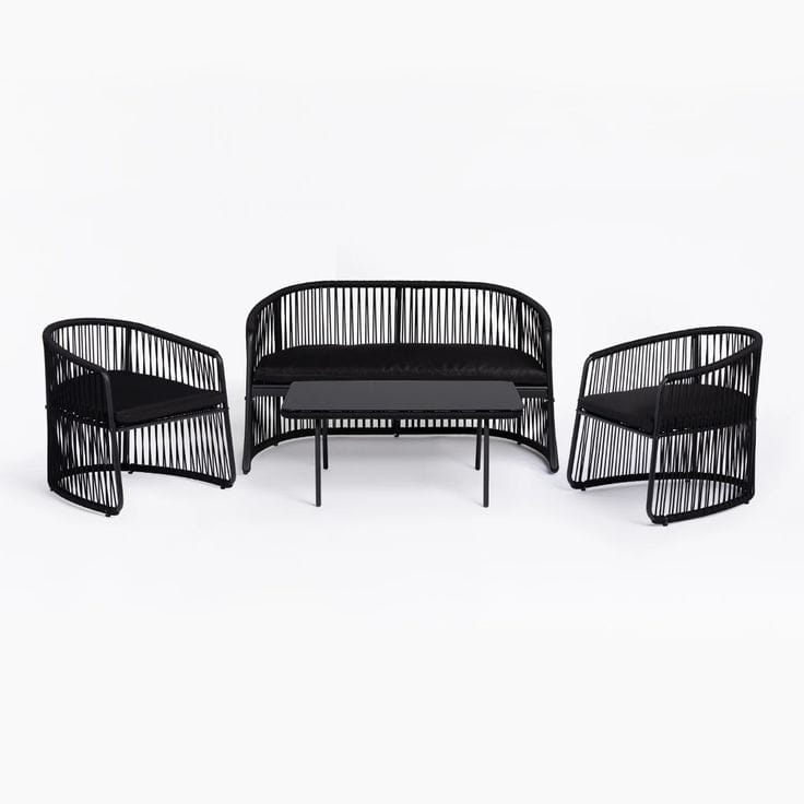 Black Rope-Woven Sofa Set with Black Cushions