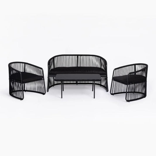 Black Rope-Woven Sofa Set with Black Cushions