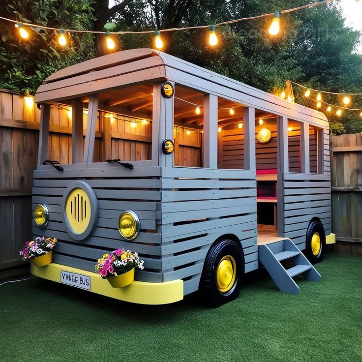 Grey Pallet Vintage Bus Playhouse with String Lights