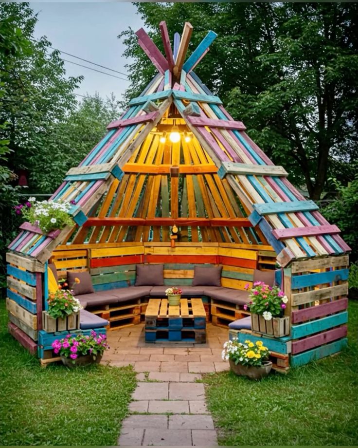 Rainbow Pallet Teepee Gazebo with Corner Seating