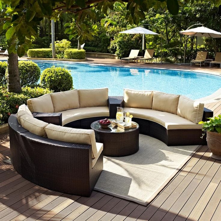 Brown Half-Circle Rattan Sofa Set with Cream Cushions