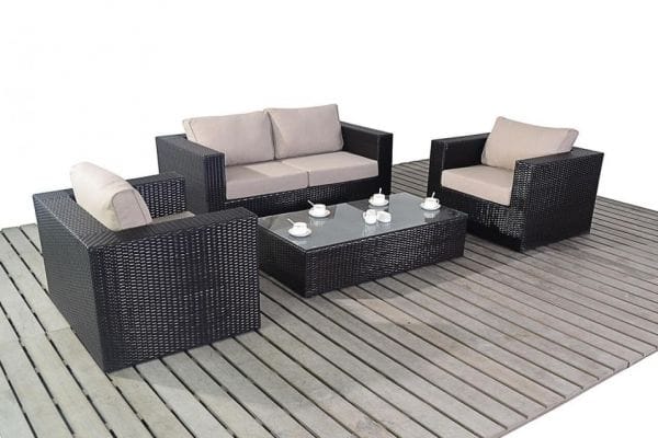 Charcoal Rattan Sofa Set with Beige Cushions
