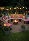 Curved Pallet Fire Pit Seating Circle with Pink Cushions