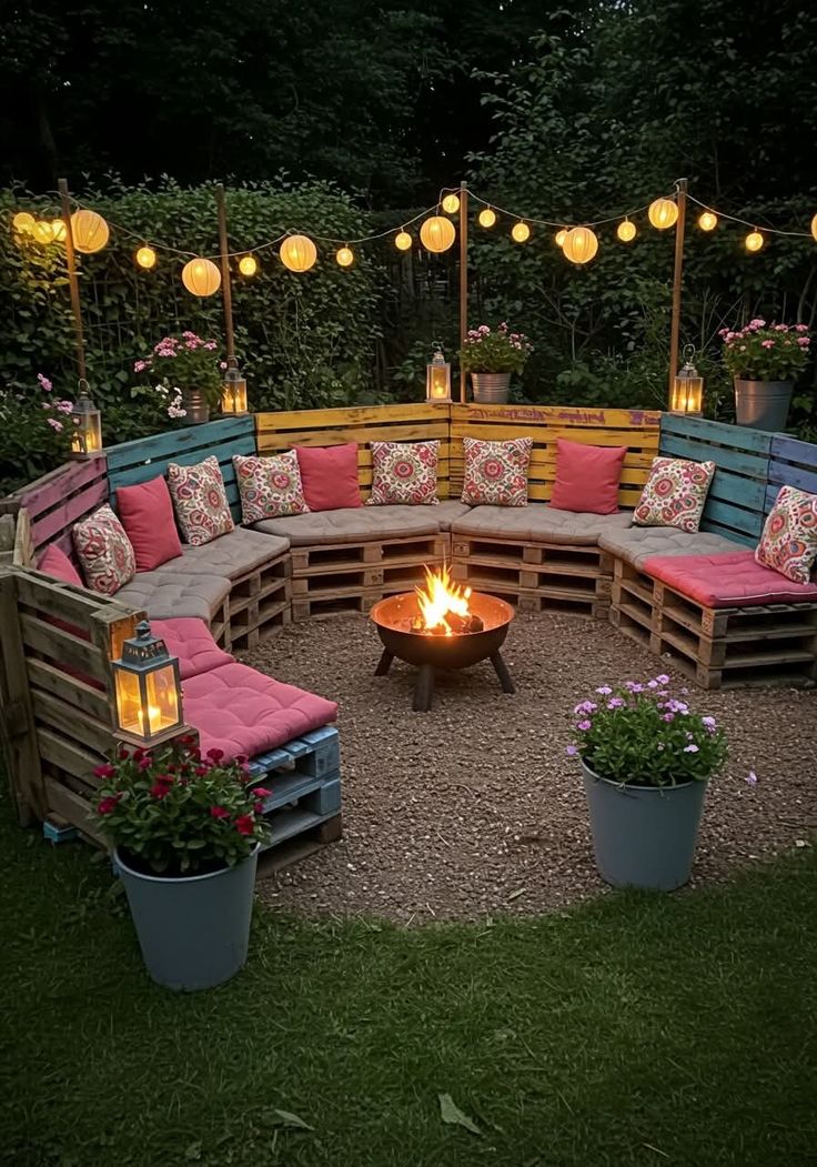 Curved Pallet Fire Pit Seating Circle with Pink Cushions