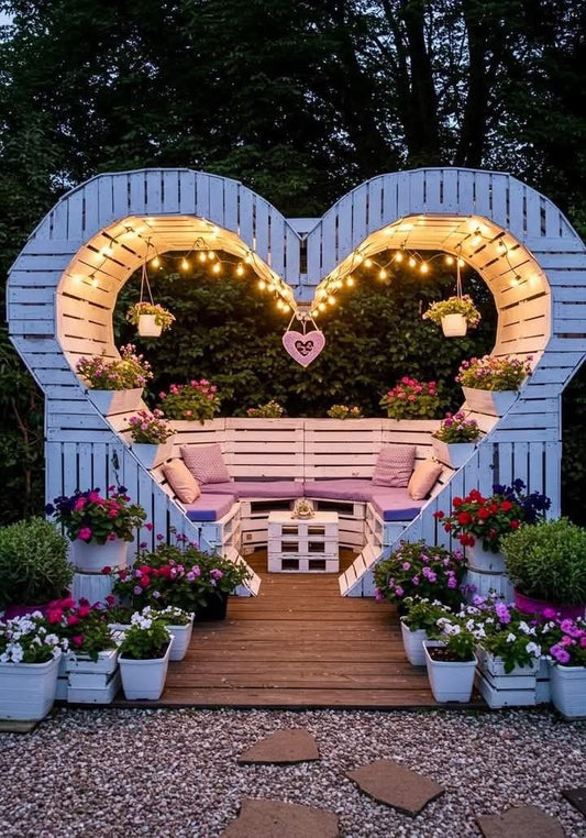 Heart-Shaped Pallet Garden Lounge with Fairy Lights